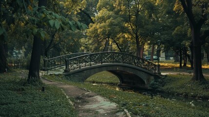 Photo shows an old metal bridge over a stream in a serene park setting with trees and grass. Tranquil ambiance with a hint of dusk in the sky, a car, and a green path in view.