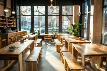 Fototapeta premium Bright and Airy Cafe Interior with Wooden Tables and Benches