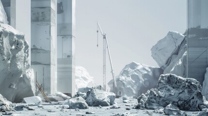 Construction site in wintry setting with snow, ice, rocks, and crane. Urban-nature blend with tall crane, partial structures, and snow adding mystery.