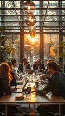 A professional and warm conference room with business people in formal suits around a U-shaped table.  Ample natural light and a potted plant create a favorable atmosphere.