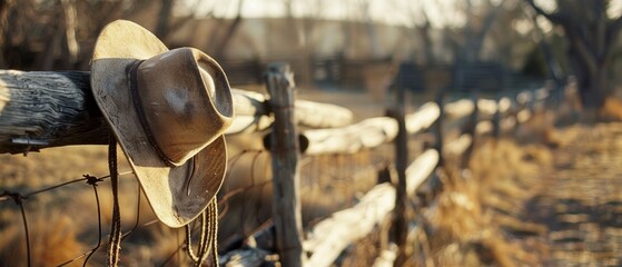 A cowboy hat rests on a wooden fence post against a backdrop of a vast prairie with distant mountains, evoking nostalgia for rustic rural life.