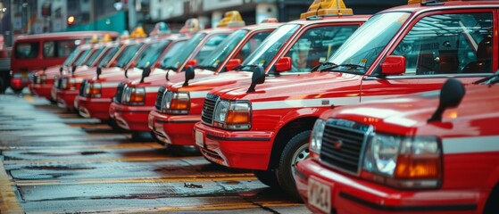 Image shows 11 red taxis with yellow signs parked on a wet city street, hinting at recent rain....