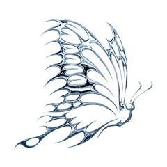3d chrome metal effect neo tribal y2k gothic style tattoo. Cyber sigilism butterfly design icon.