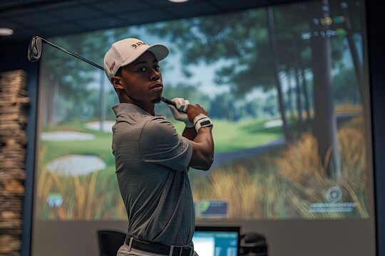 African American Golfer playing golf in indoor simulator. golf simulator