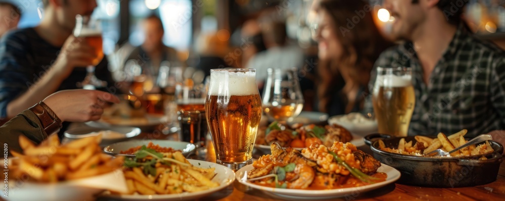 Wall mural Group of friends enjoying a meal of hearty dishes and refreshing beer.