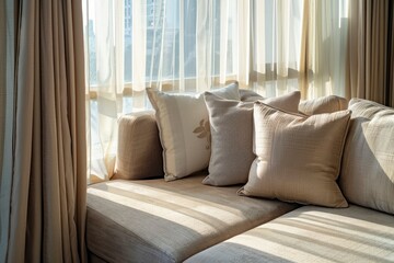 Corner sofa set with three pillows in modern style, Sunny day outside windows, Luxury tone color of curtain, Rest area for people to lie down and sleep or recess, generative ai