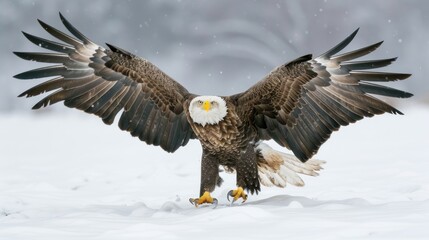 Fototapeta premium Bald Eagle Landing on Snow