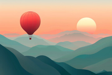 Sunrise Over the Mountains with a Red Hot Air Balloon