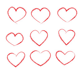 Set of red hand-drawn cute hearts in different random shapes. Doodle illustration. Vector icons in scratch style