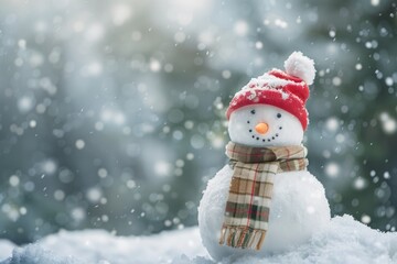 Obraz premium Snowman with Carrot Nose and Winter Hat in Snowstorm - Seasonal Holiday Decoration