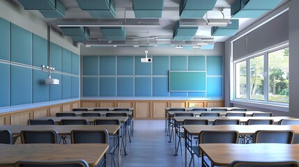 Modern classroom with acoustic panels for sound control 