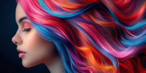Naklejka premium Young model with a colourful hairstyle and bright makeup, showcasing glamour and beauty in a studio portrait.