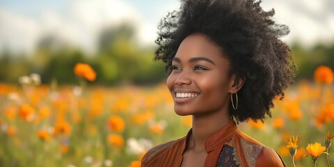 Naklejka premium Woman smiles in blooming field, carefree and happy, embodying beauty and joy of summer.