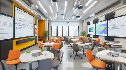 Modern classroom with digital whiteboards and ergonomic seating 