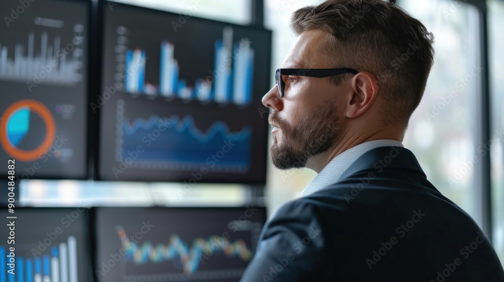 Poster businessman analyzing data on multiple monitors