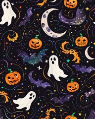 Halloween seamless pattern with pumpkins, bats, ghosts, and moons on black background.