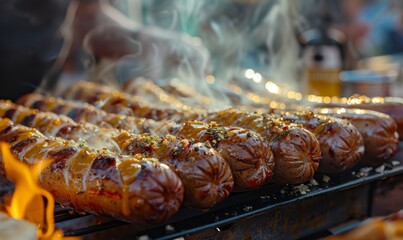 Close-up of a steaming bratwurst with mustard at the Oktoberfest festival.