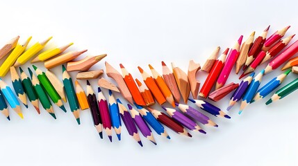 Wave of colorful wooden pencils in a row isolated on white background, panoramic background, back to school web banner concept. 