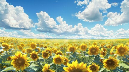 Fototapeta premium Beautiful blooming yellow sunflowers on sunflower seeds farm field