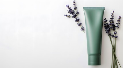 A green tube of lotion sits on a white background with purple flowers