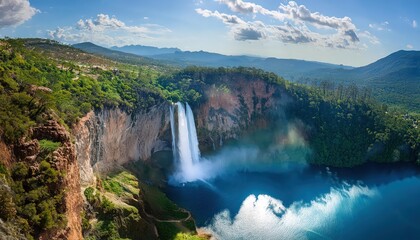 The constant flow of water over rocks creates a misty environment, often resulting in rainbows on sunny days.