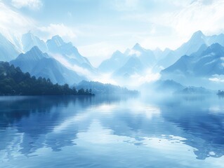 Fototapeta premium Tranquil Mountain Lake Reflection - Serene Nature Landscape with Calm Water, Outdoor Adventure Scenery