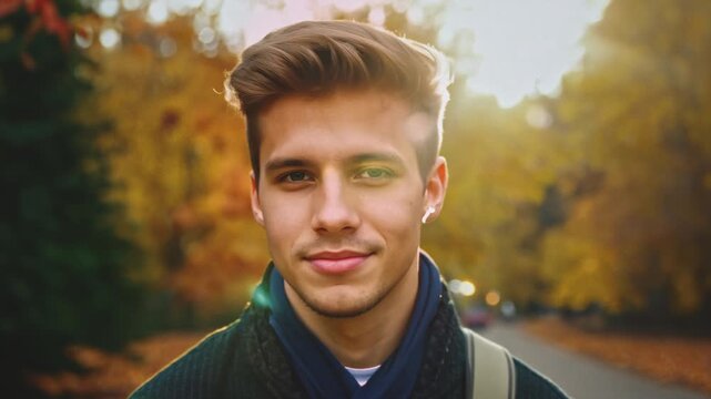 Portrait of a tourist standing smiling looking at camera. A young guy or man in the city looks at the camera in autumn. Fall, yellow leaves are falling. The male is flirting.