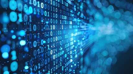 Obraz premium Blue Digital Binary Code on Computer Screen - Futuristic Data Technology Background