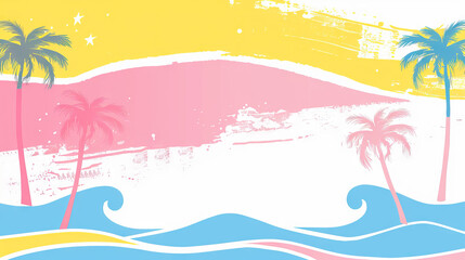 colorful Hot Pink, Lemon Yellow, and Sky Blue shades, with palm trees and waves in a blank white background with copy space.