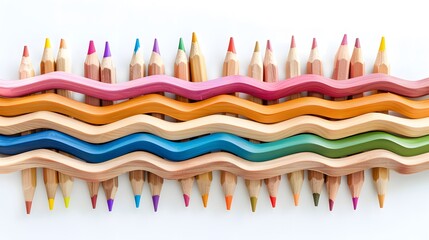 Wave of colorful wooden pencils in a row isolated on white background, panoramic background, back to school web banner concept. 