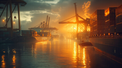 Dynamic harbor at dawn with cranes and shipping containers at sunrise Scale of integration of global transport logistics
