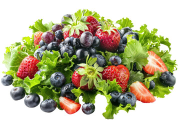 Fresh fruits, strawberries, blueberries and grapes isolated on white background.