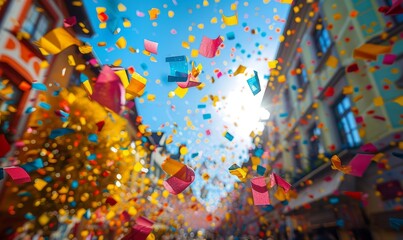 Festive scene with colorful decorations and streamers at the Oktoberfest festival.