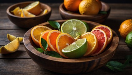 Sliced citrus fruit in a wooden bow