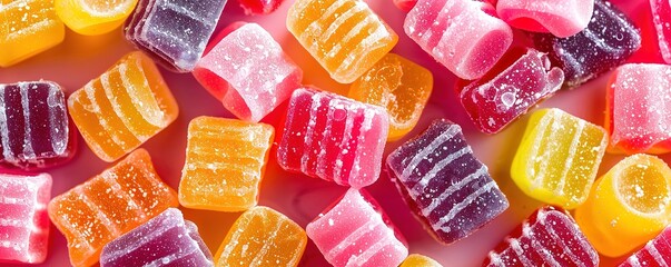 A number of colorful Yupi candies taken from above with a pink background
