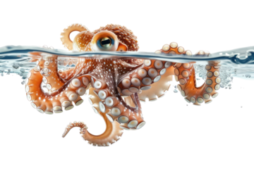 Giant squid explores coral reefs Isolated on white background.