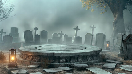 Stone product display in a foggy graveyard with tombstones and lantern. Spooky Halloween background with copy space.