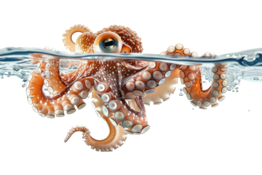 Giant squid explores coral reefs Isolated on white background.