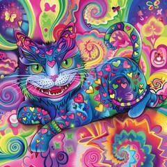 Psychedelic cat with hearts and swirls in a colorful background.