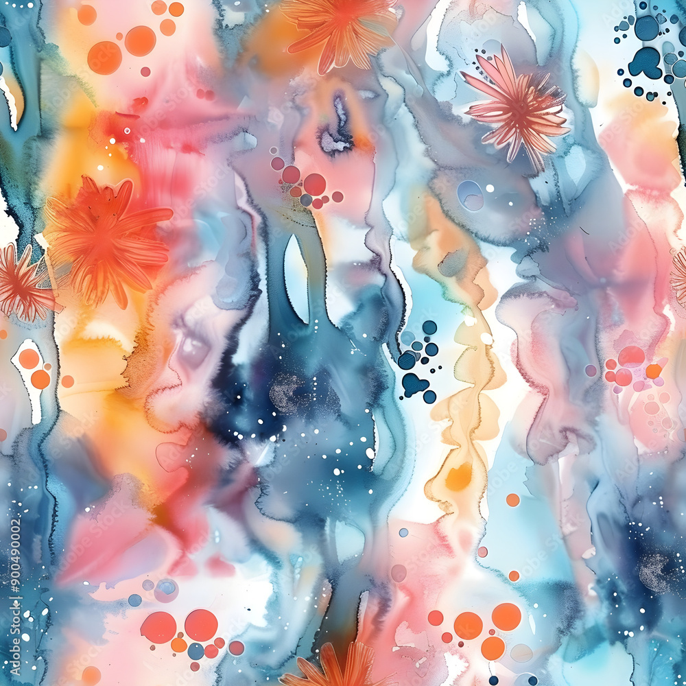 Poster abstract colorful watercolor background with red flowers and bubbles pattern