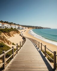 Fototapeta premium Discover the stunning beauty of a secluded white sand beach with crystal-clear turquoise waters, accessible via a picturesque wooden boardwalk under a bright blue sky.