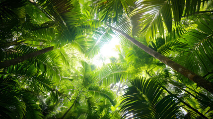 Fototapeta premium Lush green canopy of a tropical rainforest, viewed from above, captured in raw style.