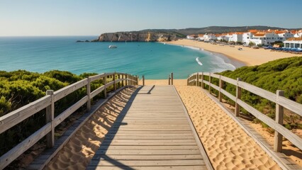 Obraz premium Discover the stunning beauty of a secluded white sand beach with crystal-clear turquoise waters, accessible via a picturesque wooden boardwalk under a bright blue sky.