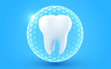 3d realistic vector healthy glowing tooth. Shield around white tooth. Dental care, protection and whitening.