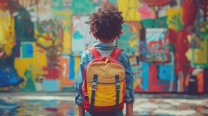 A child stands in front of a colorful graffiti wall, showcasing creativity and vibrant urban art culture, with a bright backpack.