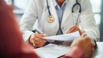 A doctor consulting with a patient, discussing health issues, and reviewing important medical documents in a clinical setting.