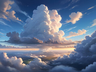 Anime style huge clouds in the sky flowing in morning light
