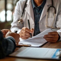 A doctor discussing a patient case, reviewing documents in a professional setting with focus on healthcare communication.