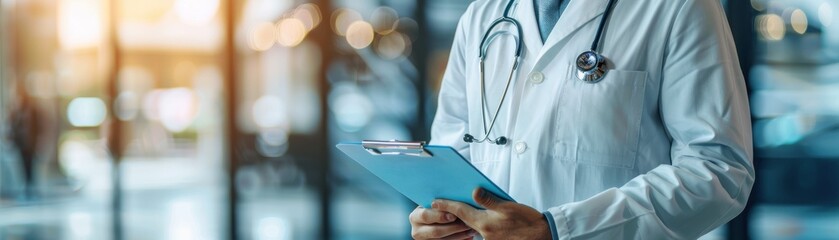 A professional doctor holding a clipboard, ready to assist patients in a modern healthcare environment.