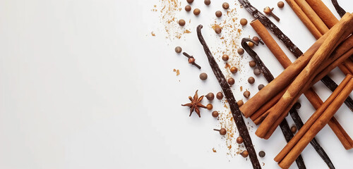 Cinnamon sticks and vanilla, cloves with space for text on a white, plain background